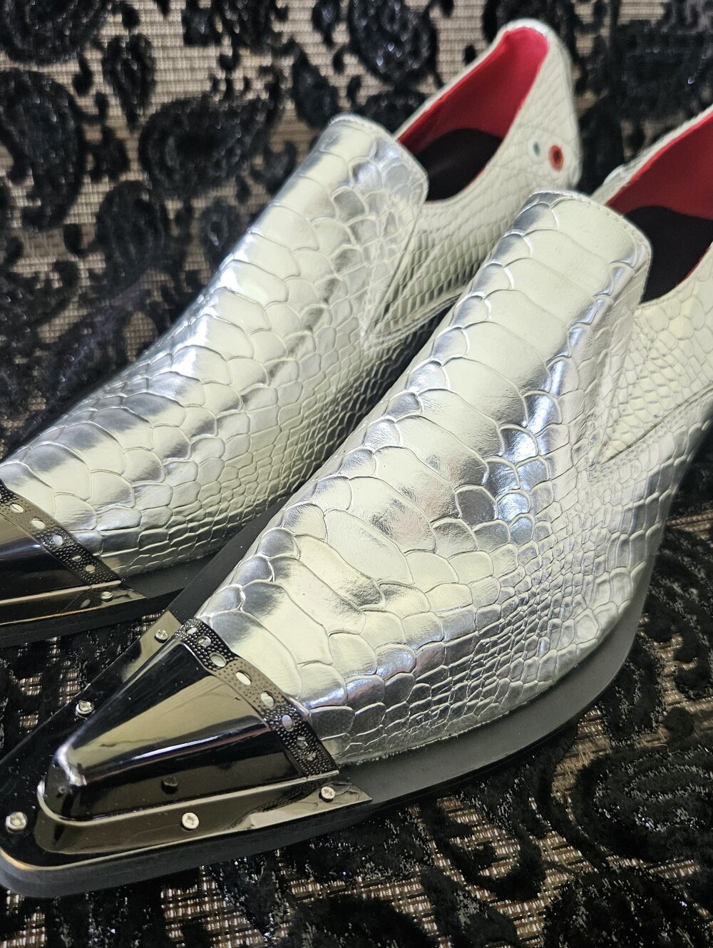 STEEL TOE SHOES, FAUX SNAKESKIN SILVER STEEL TOE SHOES